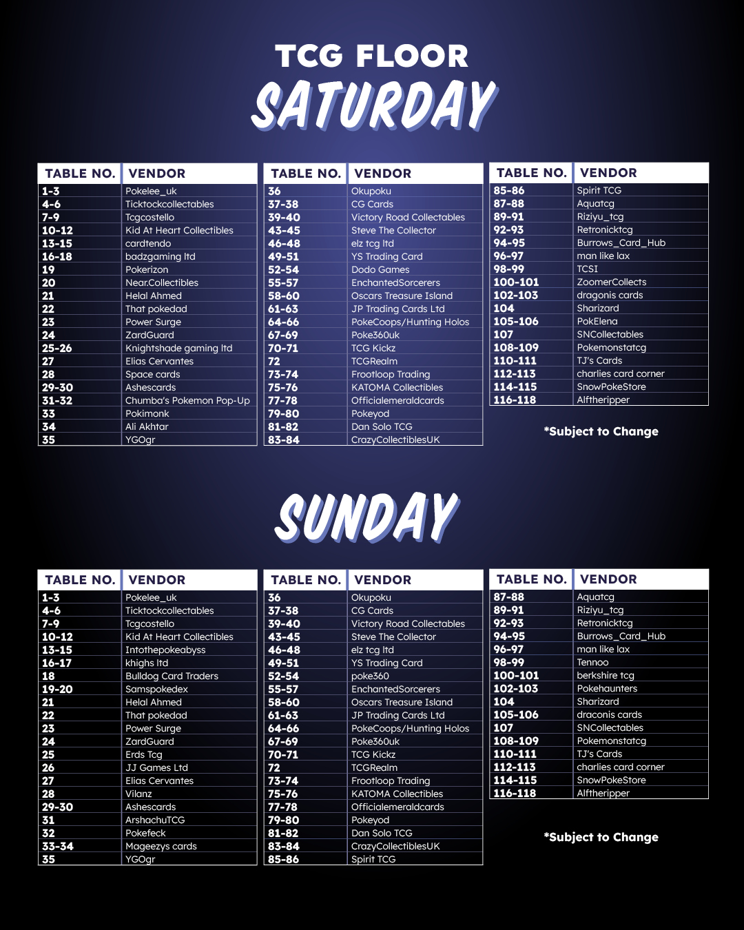 Saturday TCG Floor Vendors