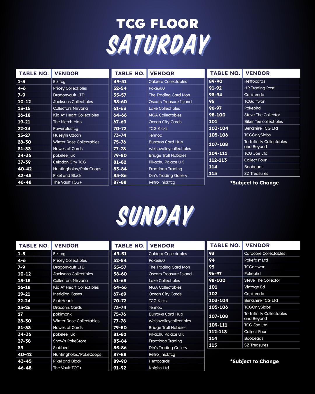 Saturday TCG Floor Vendors